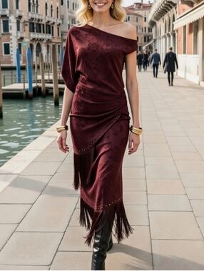 NWT Zara burgundy Fringe One Shoulder Dress Small